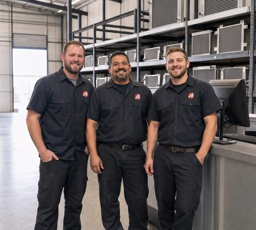 Active Radiator technicians at the parts counter with radiator inventory